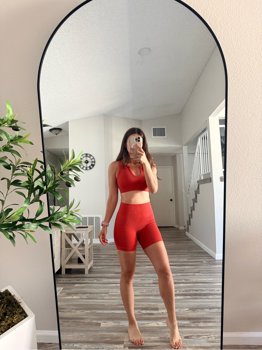 Red Seamless High-Waist Bike Shorts and Sports Bra Set